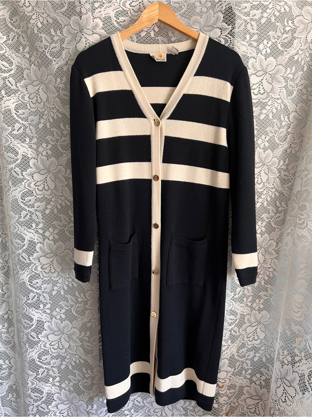 Liz Claiborne Lambswool Long Black & Cream Striped Button-FrontCardigan